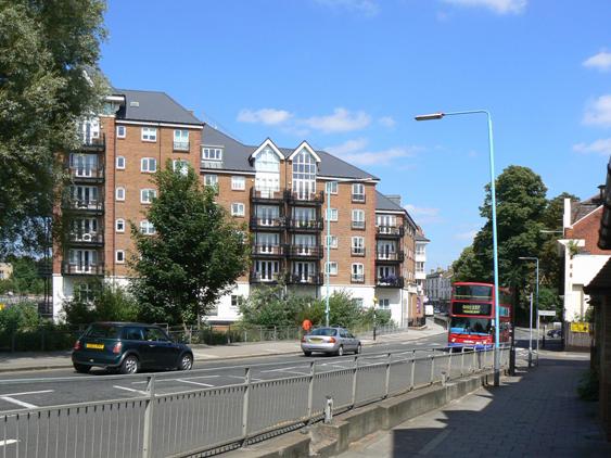 Six storey flats and view along the High Street