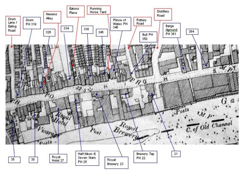 Annotated map showing house numbers, roads and public house names