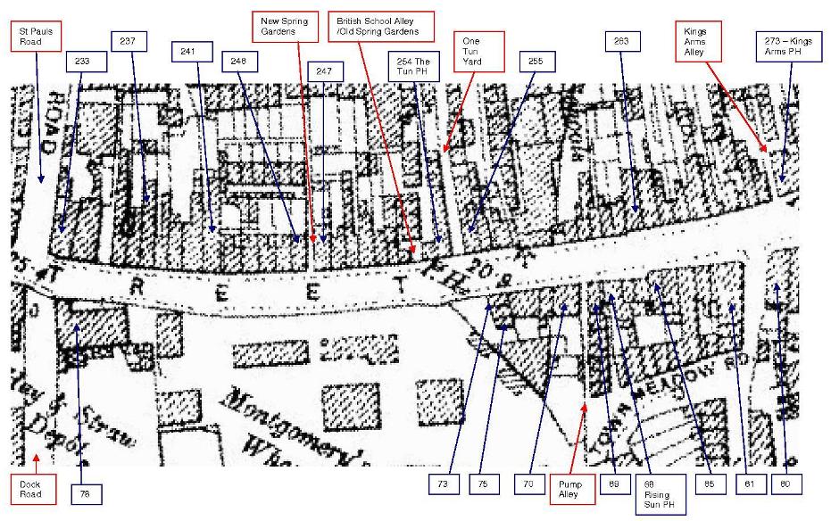 Annotated map showing house numbers, roads and public house names