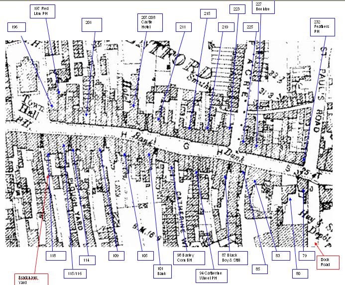 Annotated map showing house numbers, roads and public house names