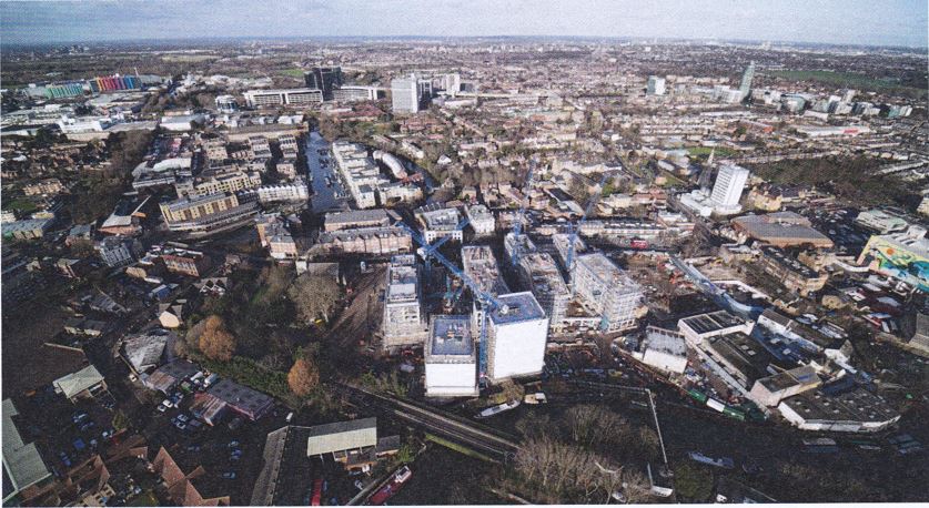 Elevated view across the site looking north