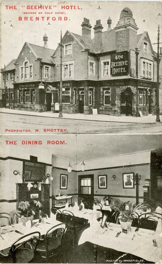 Outside view of the Beehive and inside view of empty dining room,  each table set with a white tablecloth and potted plant