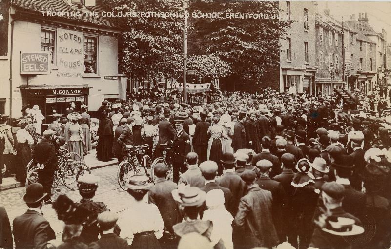 Crowd scene outside the Rothschild School