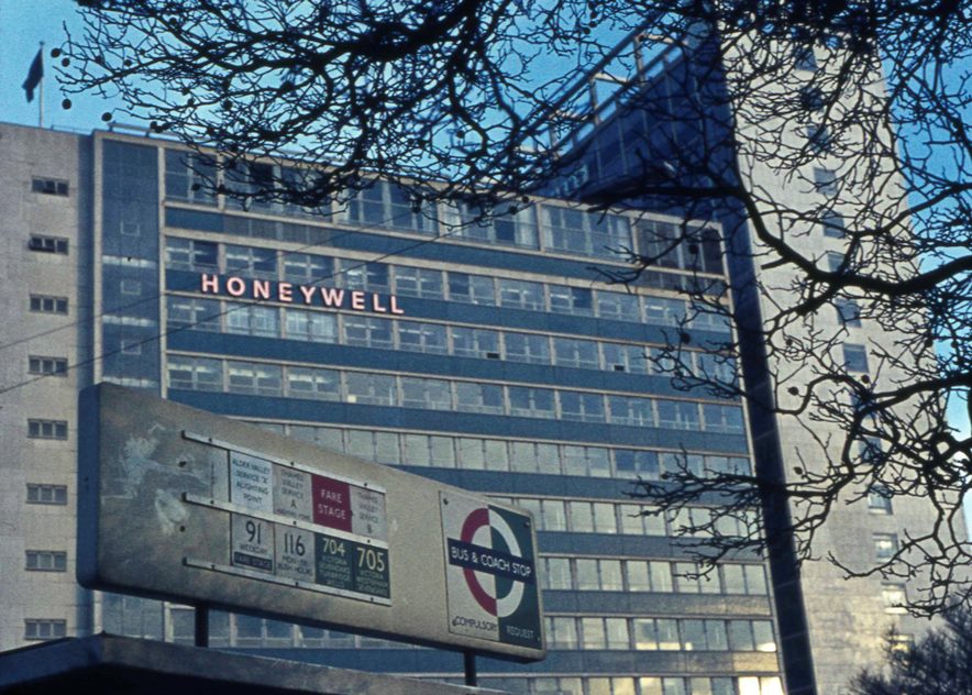 Bus stop outside Honeywell building