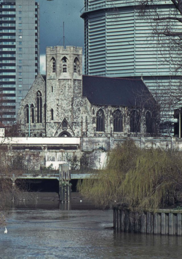 St George's church with nearby gasometer and flats