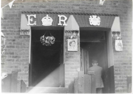 Front doors of numbers 5 and 4 decorated for Coronation