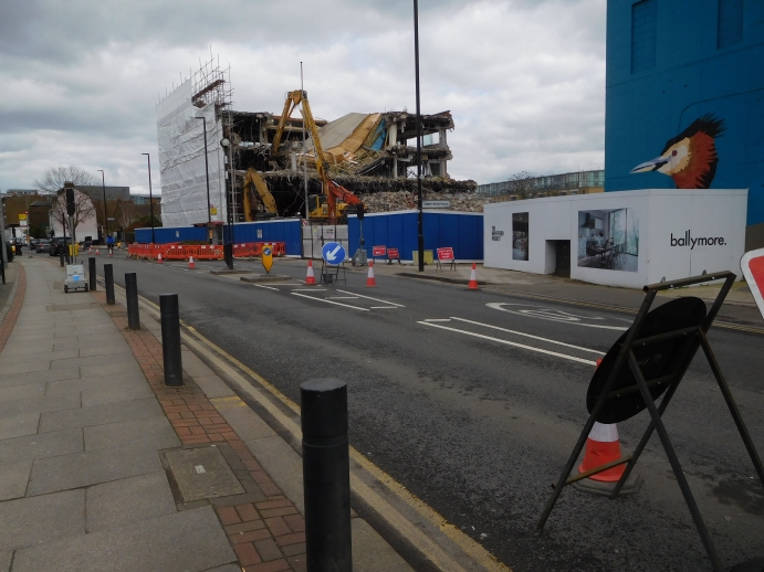 March 2023: view from Morrison's car park showing part-demolished Heidelberg building